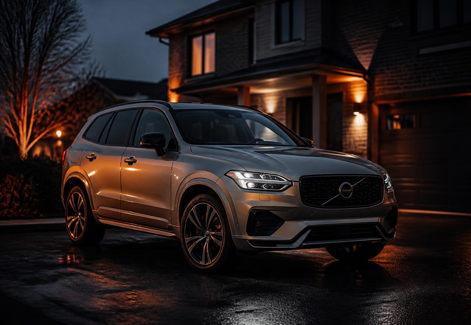 Silver SUV parked in a driveway at dusk